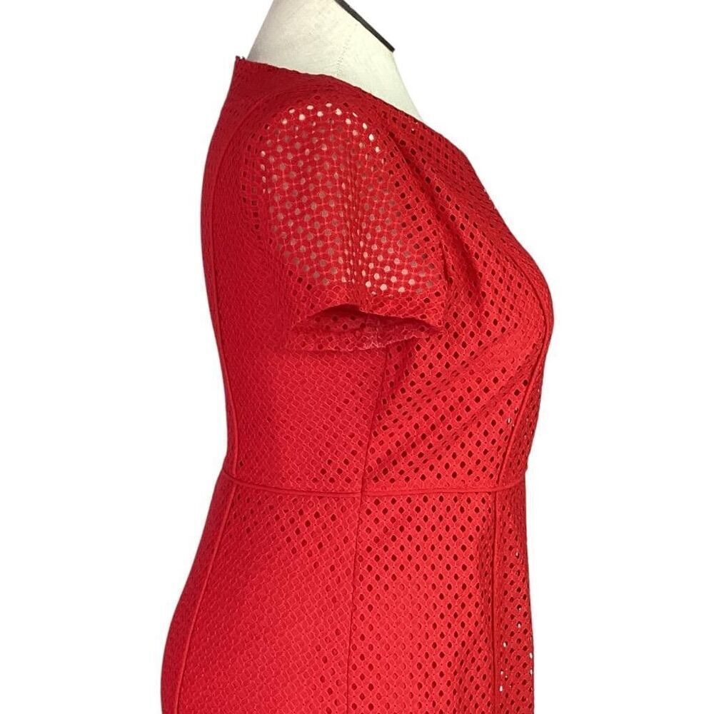 Talbots Dress Women 14P Petite Red Cotton Blend Eyelet Lined Short Sleeve Sheath - Picture 3 of 6